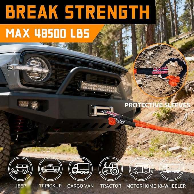Kinetic Recovery Rope, 48500lbs, 1in x 30ft, Heavy Duty Offroad Tow Rope with 35% Elasticity, Kinetic Tow Rope Recovery for Trucks SUV UTV ATV Tractor, High-Visibility Orange (Reflective)