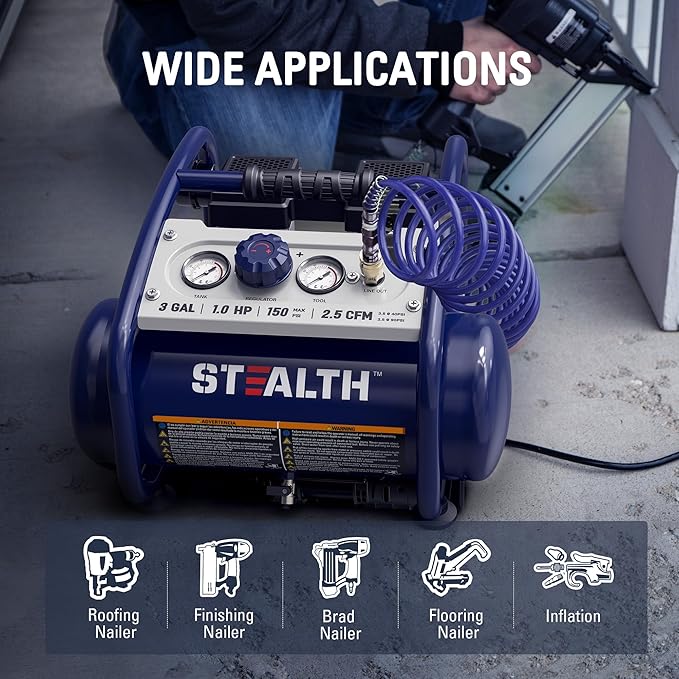 STEALTH Air Compressor 3 Gallon, Quiet Air Compressor, Oil-Free Air Tool, for Tire Inflator, Auto Repair, Woodwork Nailing (SAQ-1301)
