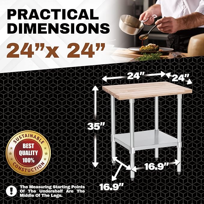 US Maple Top Work Table - 24 x 24 x 35 Inch Commercial Butcher Block Wooden Workbench with Adjustable Lower Shelf - Fits Restaurant, Warehouse, Home, Kitchen, Garage by DuraSteel
