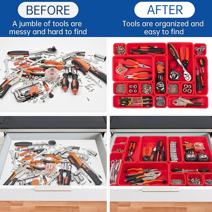 45 Pack Tool Box Organizer Tool Tray Dividers, Toolbox Drawer Organizers Storage Trays for Rolling Tool Chest, Work Bench Cabinet Bins, Hardware Parts Screw Nut Bolt Small Tools Organization - Red