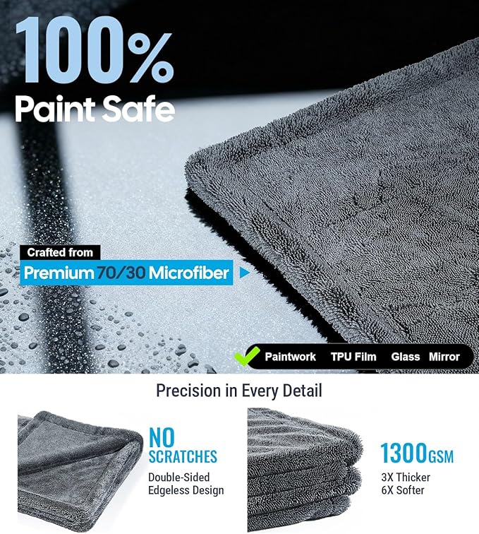 Wigoo Microfiber Car Drying Towels 36" x 24" [1300GSM Ultra-Absorbent, No Streaks & Scratches] Dual-Sided Edgeless Cleaning Towel with Twisted Loop, for Detailing, Cars, SUV, Truck(2-Size Green Set)