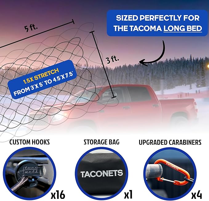 TacoNets Cargo Net for Toyota Tacoma Long Bed - Fits 2005-2025 - Patented Bed Rail Integration - Heavy Duty 8mm Premium Bungee 3'x5' Cargo Netting - Designed in USA