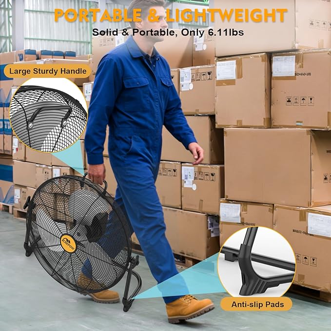 12" Battery Operated Floor Fan Compatible with Dewalt 20V Max Battery, Portable Cordless Fan with AC Adapter, USB and Type C Output, Variable Speed Fans for Jobsite Garage Camping (No Battery)