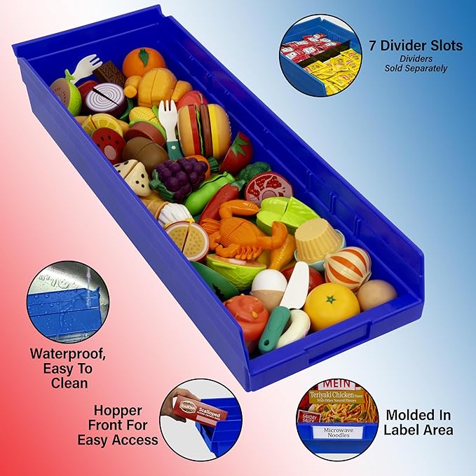 Akro-Mils 30184 Plastic Shelf Bins, Heavy Duty Storage Bins for Garage, Closet, and Drawer Organization, 24-Inch x 8-Inch x 4-Inch, Blue, 6-Pack