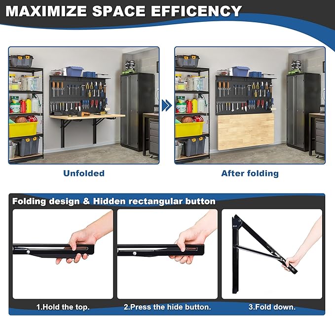 Ultrawall Wall Mounted Workbench with Pegboard, Folding Down Work Table Metal Pegboard Wall Organizer for Garage, Workshop, 48”X24”