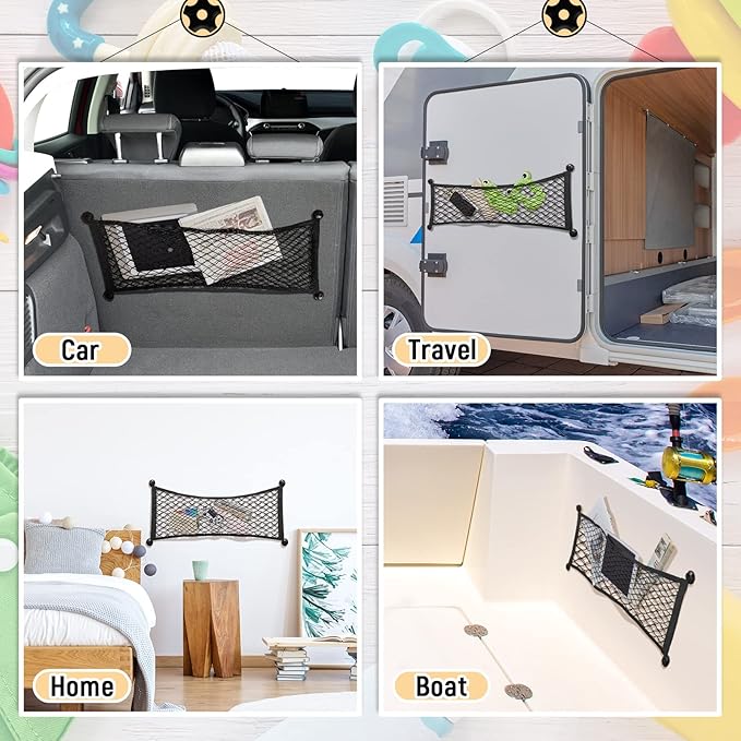 Frienda 2 Pieces Stretchable Small Cargo Net Pocket Storage Mesh Net Elastic Automotive Storage Pouch with 8 Pieces Mounting Screws and Hooks for Truck Car SUV Boats(29 x 9.8 Inches)