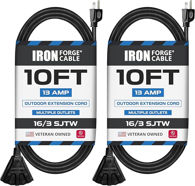 Iron Forge Cable 2 Pack 10 Ft Black Extension Cord with 3 Outlets - 16/3 SJTW 10 Foot Extension Cord 3 Prong, Weatherproof Power Cable for Outdoor
