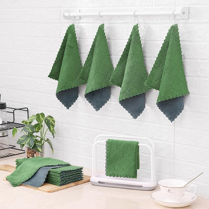 Mordimy 12 Pack Kitchen Cloths Dish Towels (10" x 10", Dark Grey & Grass Green), Super Soft and Absorbent Dish Cloths, Coral Velvet Microfiber Cleaning Cloth, Nonstick Oil Fast Dry Dishcloths