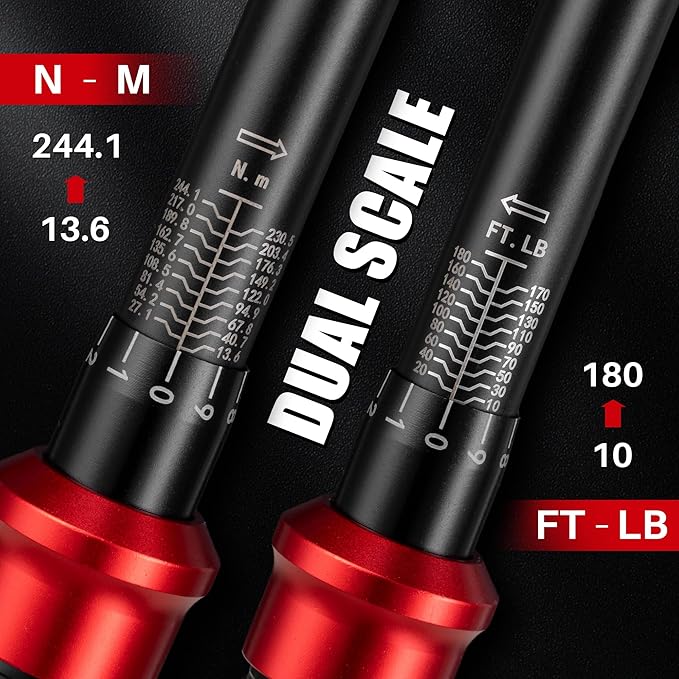 1/2-Inch Drive Click Torque Wrench - 10-180 Ft-Lb/13.6-244.1Nm, Dual-Direction Adjustable 72 Tooth Torque Wrench with Dual Range Scales, High 3% Precision for Bike, Motorcycle and Car Repair