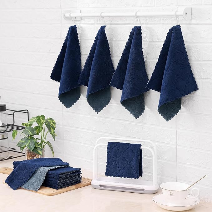 Mordimy 18 Pack Kitchen Cloths Dish Towels (10" x 10", Dark Grey & Navy Blue), Super Soft and Absorbent Dish Cloths, Coral Velvet Microfiber Cleaning Cloth, Nonstick Oil Fast Dry Dishcloths