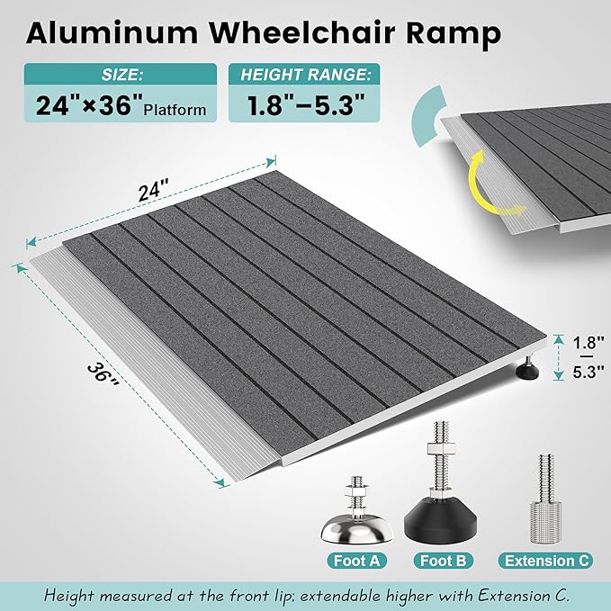 Threshold Ramps for Wheelchairs, Adjustable Height 1.8"–5.3" and 24"×36" Platform Aluminum Wheelchair Ramp, Door Threshold Ramps with a Non-Slip Thick Door Mat for Scooters, Power Chairs, Cart
