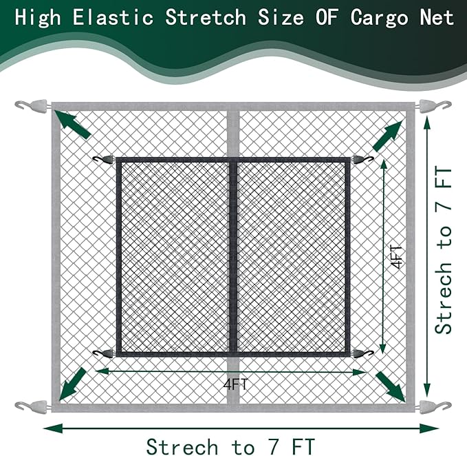 Cargo Net for Pickup Truck Bed Stretchable 4'x4' to 7'x7', Ideal for ATV, SUV, UTV, Trailer Tarp, Truck and Boat Use (Single Layer)