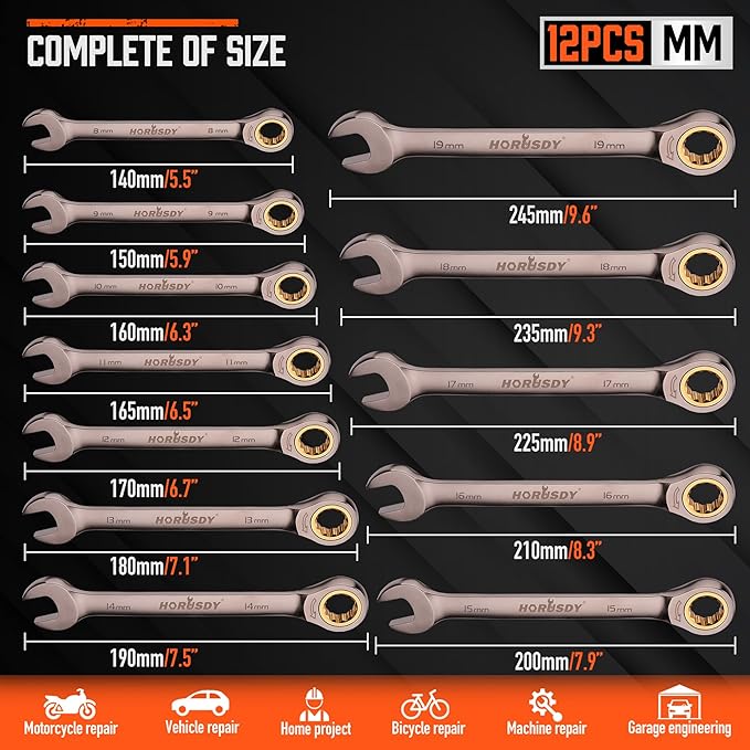 HORUSDY 12-Piece Metric Ratcheting Wrench Set | 8-19 mm | Ratchet Combination Wrenches Set with Organizer | 72-Teeth | Chrome Vanadium Steel