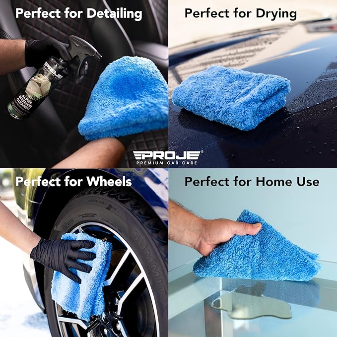 PROJE' Blue Microfiber Towel - Ultra Absorbent - Car Drying, Polishing, Buffing Cloth & Interior Detailing Towel - 500 GSM 16x16in - Auto Detailing Supplies - Pack of 6 Premium Car Care