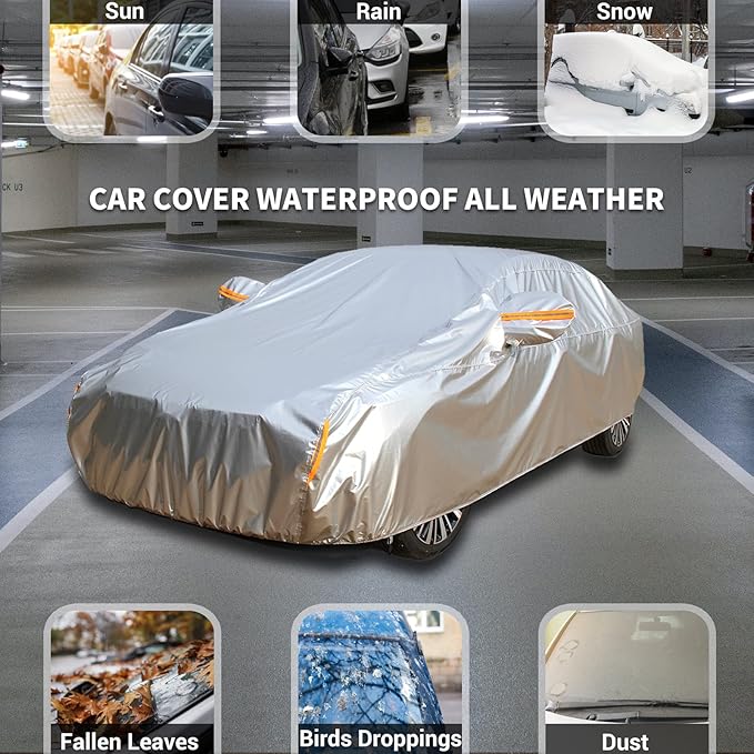 Tecoom 600D Heavy Duty Multiple Layers Car Cover Waterproof All Weather Fit for Ford Crown Victoria, Cadillac DTS Mercury Grand Marquis Lincoln Continental Town Car Chevy Caprice etc. Soft Fleece/Lock