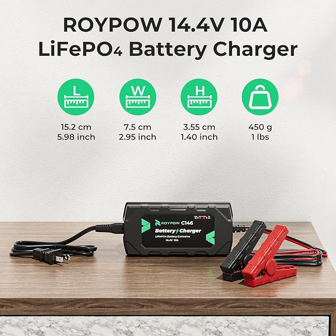 12V 10A Lithium Battery Charger, RoyPow 12V 10A LiFePO4 Battery Charger, 12V Automatic Trickle Battery Chargers, 10A Battery Maintainer for LiFePO4 Batteries, Lithium Batteries, Car, Marine