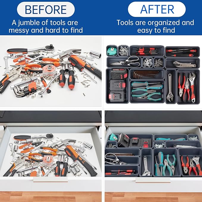 45 Pack Tool Box Organizer Tray, 3-Sizes Tool Box Organizers And Storage, for Hammer, Wrench, Screw, Small Parts Toolbox Organization, Tool Cart Chest Garage Drawer Organizer Tray, Grey