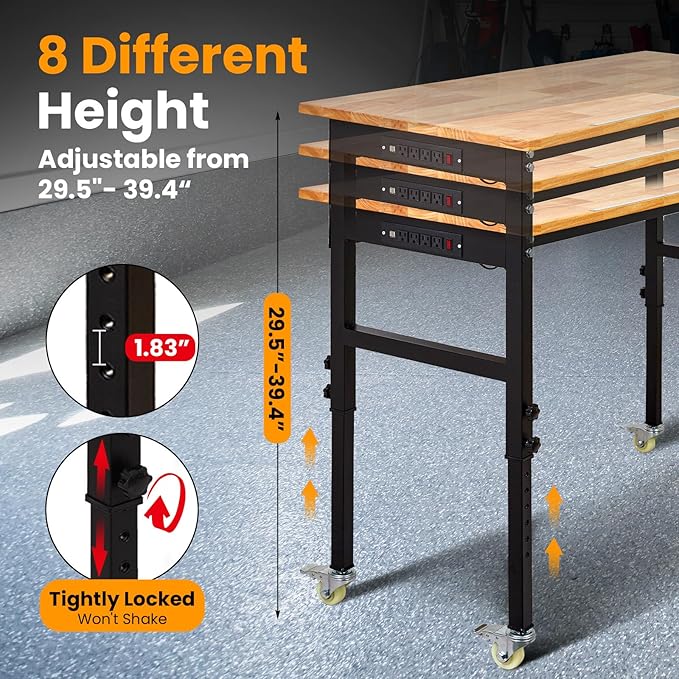 60" x 24" Heavy Duty Workbench with ETL Power Outlet, 8-Level Height Adjustment (29.5"-39.4"), Rubberwood Top with 2000 Lbs Capacity, for Garage/Workshop/Home Office, Metal Casters & Pegboard