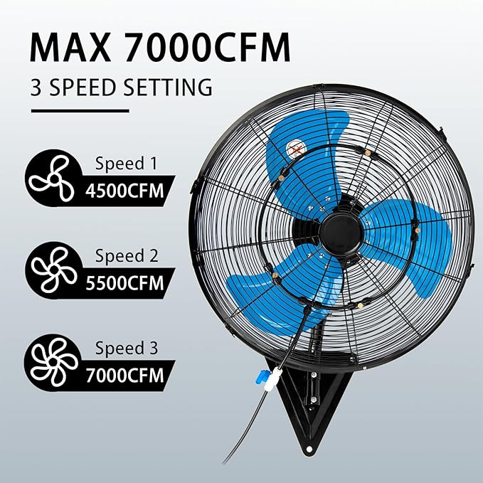AZOUTDOOR 20" Wall Mount Fan 7000 CFM Wall Oscillating Fan 3-Speed Industrial Fans with Mist High Velocity Wall mounted Fans for Residential, industrial, Warehouse, Greenhouse, Workshop