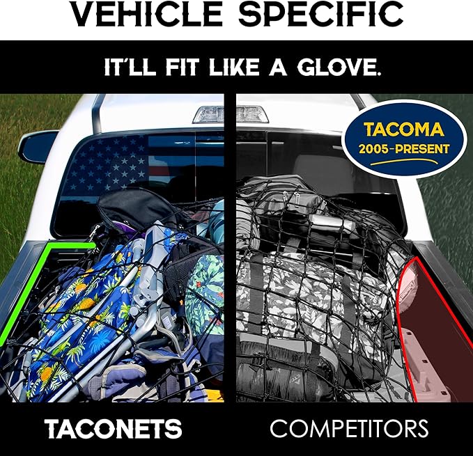 TacoNets Cargo Net for Toyota Tacoma Short Bed - Fits 2005-2025 - Patented Bed Rail Integration - Heavy Duty 8mm Premium Bungee 3'x4' Cargo Netting - Designed in USA