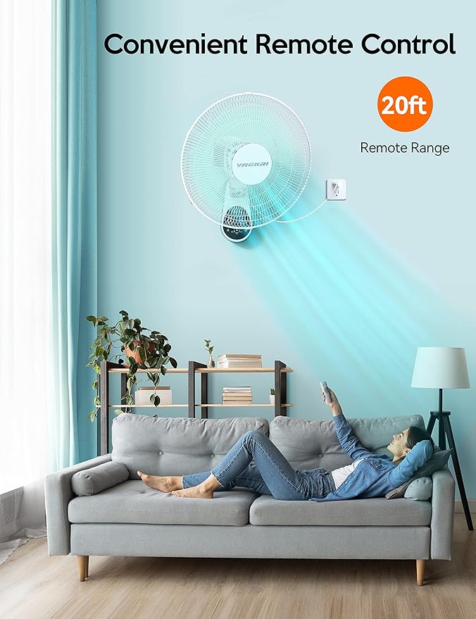 VAGKRI Wall Mount Fan, 16 Inch Wall Fans with 5 Blades, 5 Speeds, 8 Hour Timer, 90° Oscillating Quiet Fans with Remote for Home Office Bedroom Living Room Garage (White)