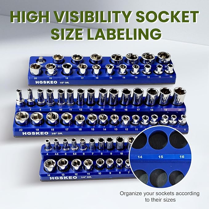 Magnetic Socket Organizer Set, 3 Pcs Blue Metric Socket Tray Set for 1/4", 3/8", and 1/2" Sizes Drive, Socket Holder Holds 75 Sockets for Tool Box