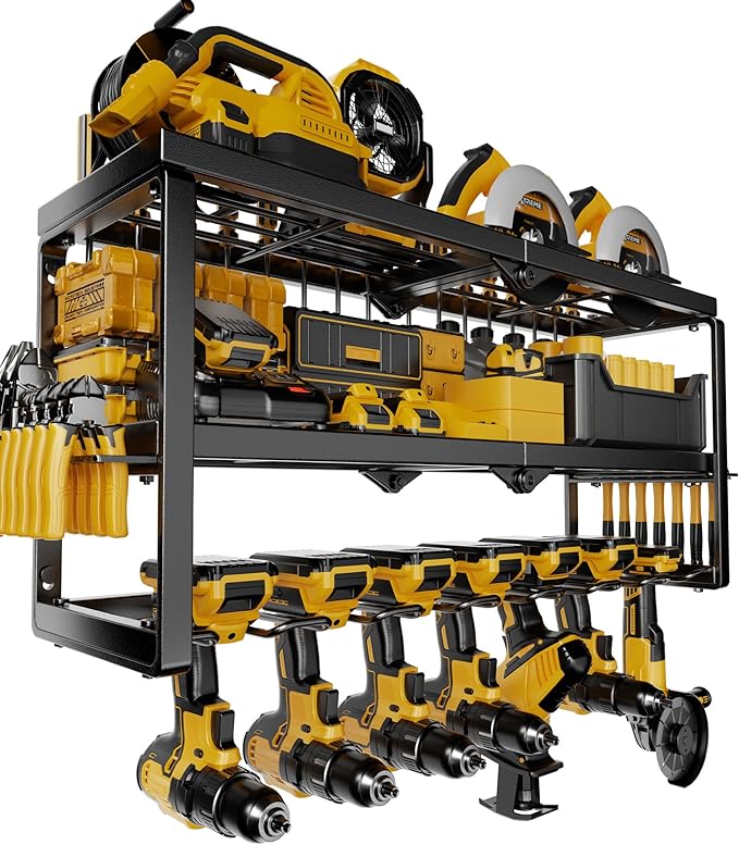 Power Tool Organizer Wall Mount, 7 Slots Cordless Drill Holder Storage Rack, Heavy Duty Battery Tools Holder with Shelf for Charging Station, for Garage Organization, Workshop