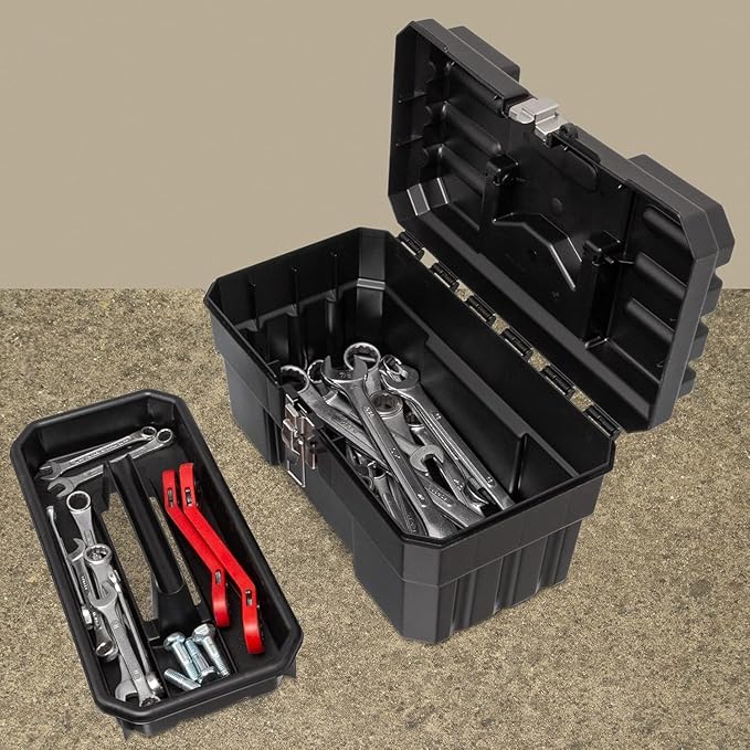 Akro-Mils 09514 ProBox 14-Inch Plastic Toolbox for Tools, Hobby or Craft Storage Toolbox with Removable Tray, 14-Inch x 8-Inch x 8-Inch, Black
