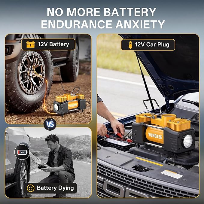 YUNGTEE Yellow Tire Inflator Heavy Duty Double Cylinders Direct Drive Inflation Pump,12V Portable Air Compressor Pump with Emergency LED Light - 150PSI Tire Pump,Apply to Car,Suv,RV