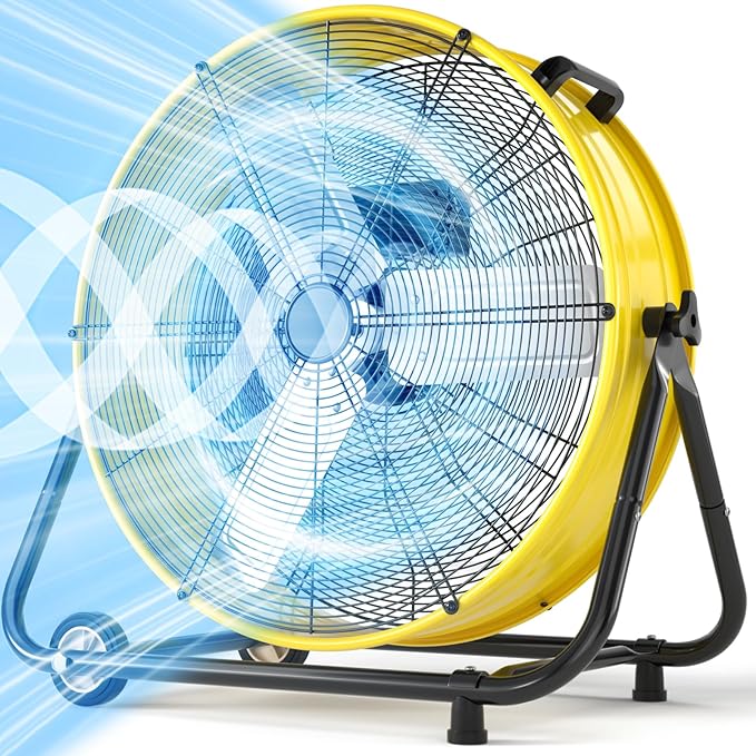 LifePlus 30'' Large Industrial Fan,14000 CFM High Velocity 3-Speed Heavy Duty Metal Air Circulator with 360° Tilt, Casters Handle, Ideal for Warehouse, Factory Workshops, Patios, Garage, Yellow