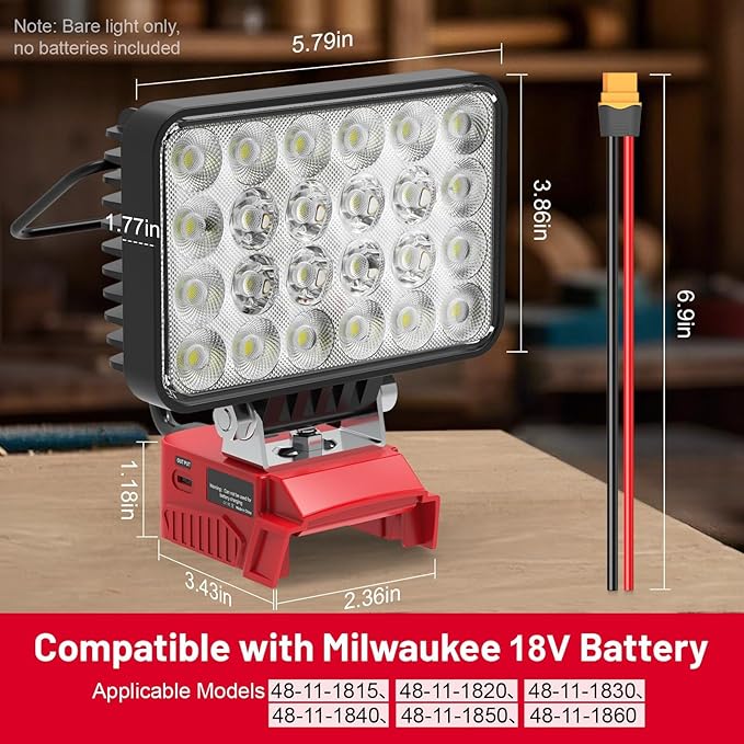 7200LM LED Work Light Compatible with Milwaukee 18V Battery, 72W Cordless Floodlight with 2 USB, 1 Type-C Port, Upgraded LED Light Low Voltage Protection Outdoor Lighting Adjustable 140°