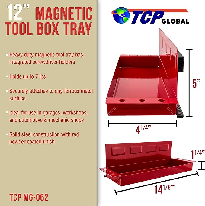 TCP Global 12" Magnetic Tool Shelf - Toolbox & Cabinet Organizer - Magnetic Tray for Shop, Garage, Workshop - Metal Surface Mount, Tool Box Accessories for Home, Workspace and Garage