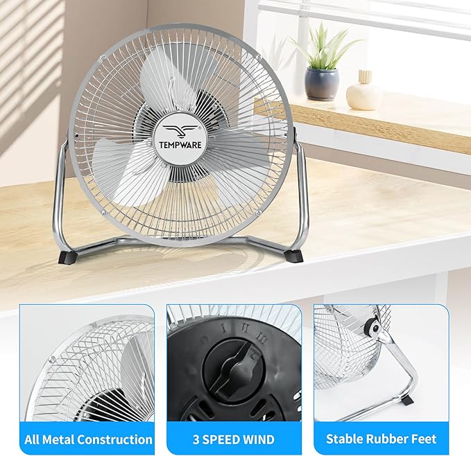 TEMPWARE 9 inch Floor Fan, 3-Speed Portable Metal Fan with Adjustable Tilt, Quiet Small Cradle Floor Fan for Home, Office, Bedroom