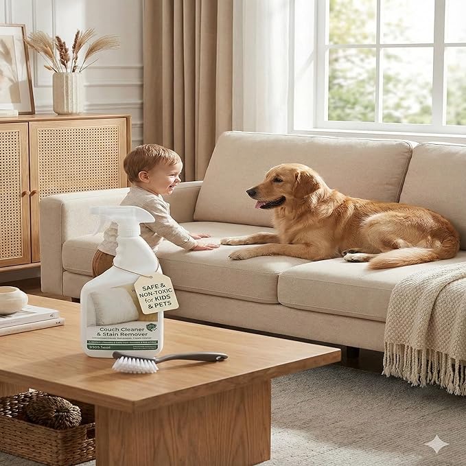 Travel size Couch Cleaner and Stain Remover. For sofas, car upholstery, carpets, rugs, mattresses, dining chairs, all Fabrics. Safe, for kids and pets.