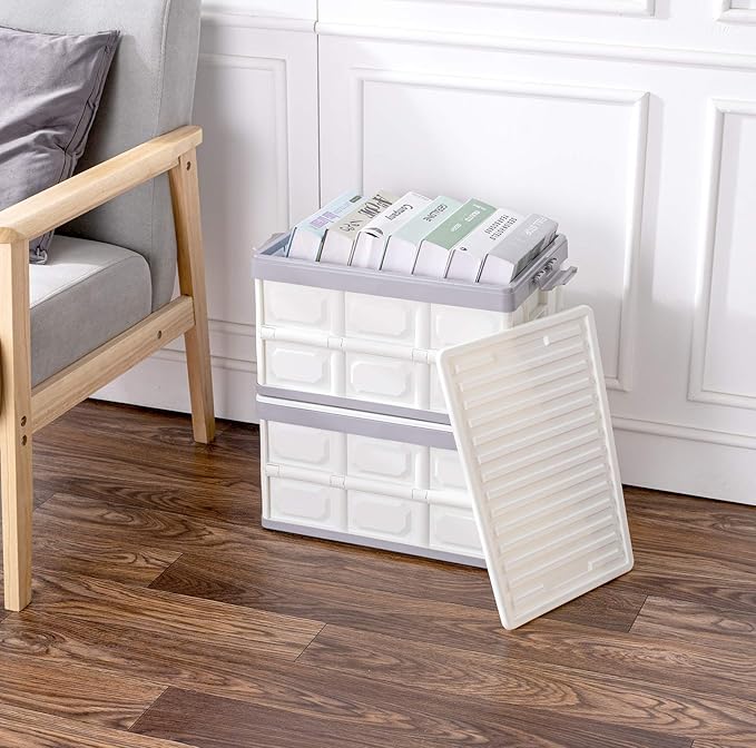 Collapsible Storage Bins with Lids 30L, Folding Plastic Stackable Utility Crates 2-Pack, Durable Containers for Home & Garage Organization - Oyster White