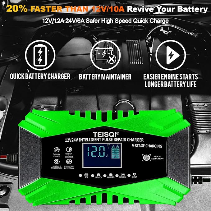 Battery Charger,12-Amp 12V/24V Smart Battery Trickle Charger - Automotive Battery Maintainer Desulfator with Temperature Compensation for Car Motorcycle Mower Marine Lead Acid/LiFePO4 (Green)