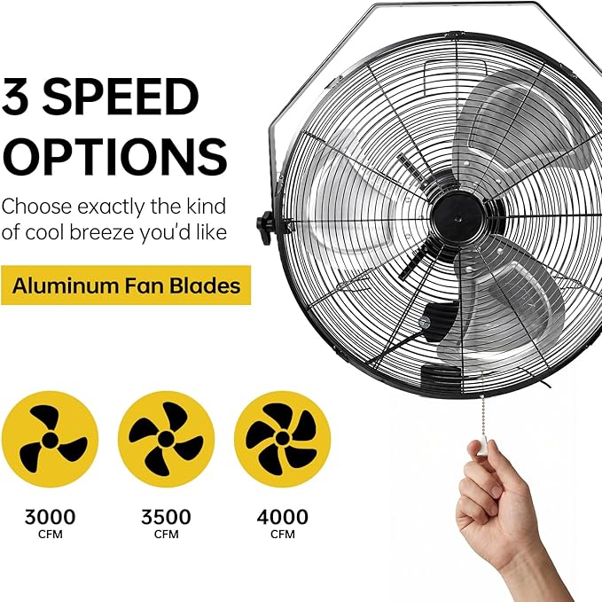 18 Inch Wall Mount Fan - High Velocity Fan, 3 Adjustable Speeds & 270° Tilting, Industrial Fan for Bedroom, Patio, Warehouse, Metal Fan for Optimal Ventilation Cooling, Durable Wall Fans.