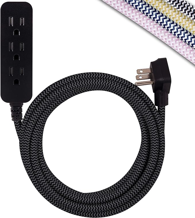 Cordinate 3 Outlet Power Strip Indoor Extension Cord 16 Gauge 10 Ft 3 Prong Braided Extension Cords Flat Extension Cord ETL Listed Black 42024