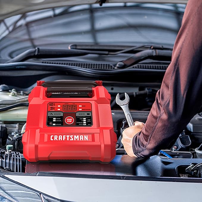 CRAFTSMAN 12A Car Battery Charger and Maintainer, 4-in-1 Solution, Battery Tester, for 6V/12V Power Sport, Automotive, and Marine Batteries, CMXCESM258
