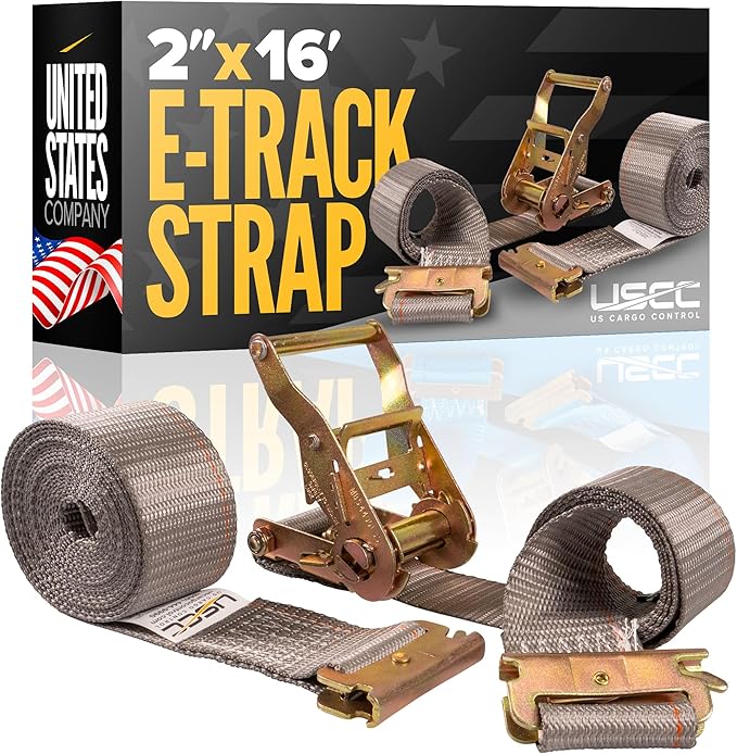 US Cargo Control E Track Strap 2" x 16', 4,400 LBS Break Strength, Gray Heavy Duty E Track Ratchet Straps with 4' Fixed End and Spring E-Fittings, Logistic Tiedowns for Box Trucks, Vans