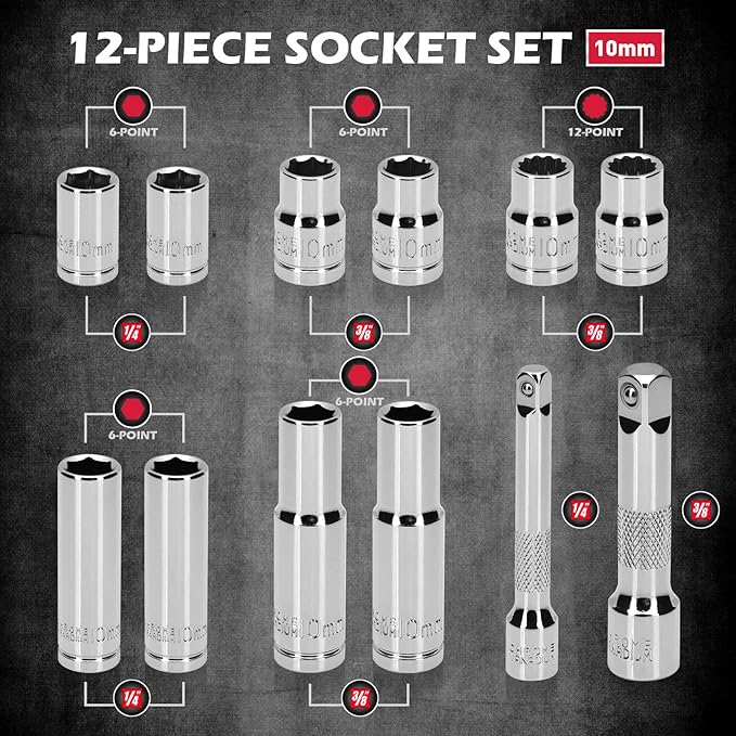12-Piece 1/4" & 3/8" Drive 10mm Socket Set with 3-inch 3/8 & 1/4 Extension Bars | Deep & Shallow Mirror Finish Socket Set | Magnetic Storage Rail | Cr-V | 6 Point & 12 Point (13 Pack)
