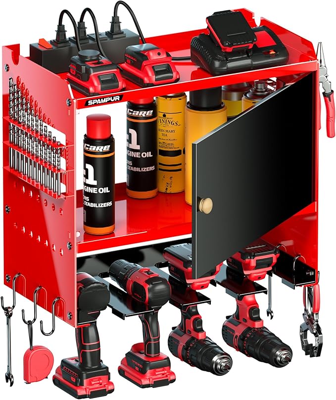 Spampur Power Tool Organizer Wall Mount with Charging Station,Garage Metal Cabinet 15 Min Quick Assembly & Max 150lb load with 6 Outlet Power Strip, 8 Slots Cordless Drill for Workshop/Shed/Tool Room
