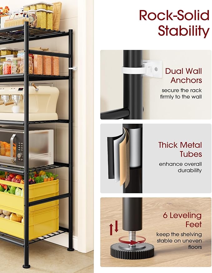 Sakugi Storage Shelves - 5-Tier Heavy Duty Garage Shelving Units with Leveling Feet & Wall Anchor, Large-Capacity Metal Shelf for Garage, Pantry, Kitchen, 59.1" x 15.7" x 69.2", Black