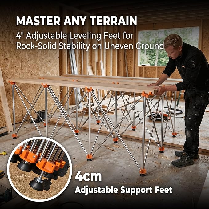 6'x4' Heavy Duty Portable Folding Workstand - 4,500 lbs Capacity Collapsible Workbench with Thickened Legs, Round Steel X-Braces & 4" Adjustable Leveling Feet - Instant Setup for Jobsite & Garage