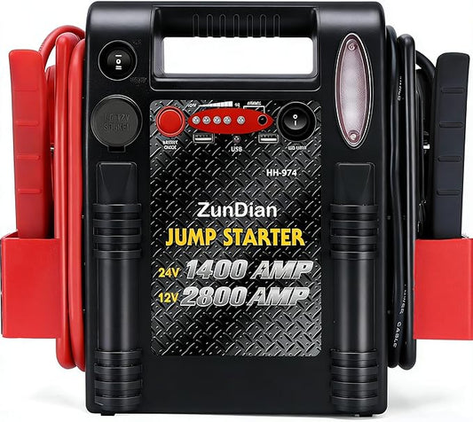12V/24V Jump Starter - ZunDian 2800/1400 Amp Heavy Duty Jump Box, Works with Truck Tractor Excavator Automotive Engine Starter Battery Charger Booster Jumper Box with USB/DC Power Unit
