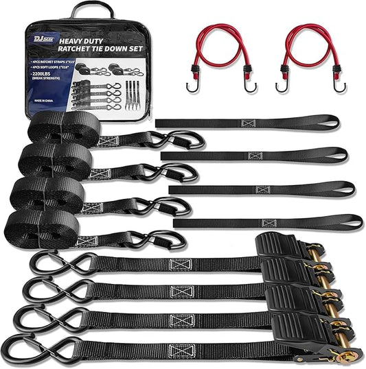 Heavy Duty 1" x 15' Ratchet Straps (4 Pack) - 2200 lb Break Strength, with Soft Loops, Coated S-Hooks & Waterproof Carry Bag for Truck, Trailer, Motorcycle, ATV, UTV, Boat, Car Accessories (Black)