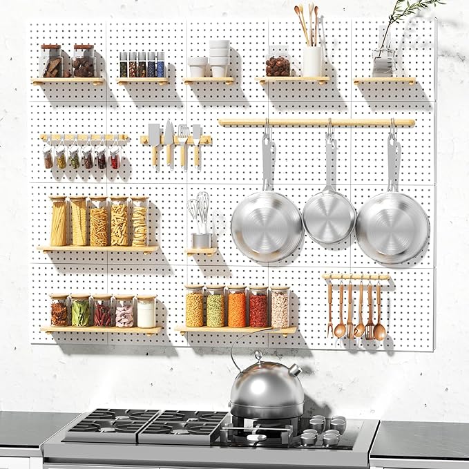 Peg Board, 6PCS Metal Pegboard, Heavy Duty pegboard Wall Organizer with Frame. White pegboard for Walls, Garage, Workbench, Craft Room Tool Organization, Metal peg Board Panels 12in*12in