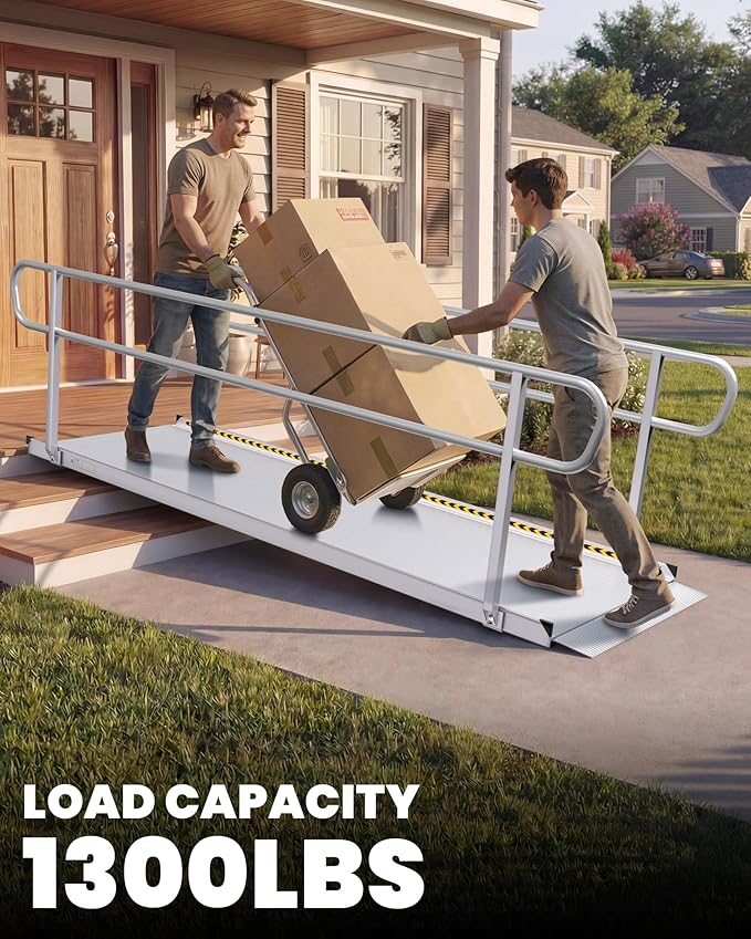 12FT Wheelchair Ramp with Handrails, 1300 lbs Capacity Heavy Duty Aluminum Ramps for Home Steps and Doorways, Fixed Threshold Solution for Wheelchairs Scooters Walkers, Easy Single-Person Use