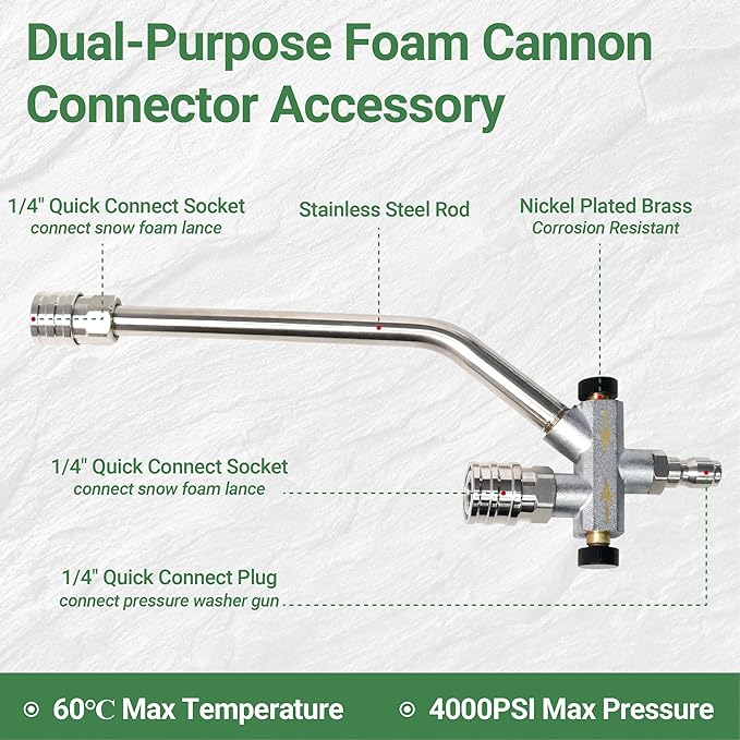 Foam Cannon Dual Connector, Pressure Washer Gun with Soap Cannon, 1/4 Inch Dual Quick Connector, with 7 Nozzle Tips, Container Capacity: 1 Liter