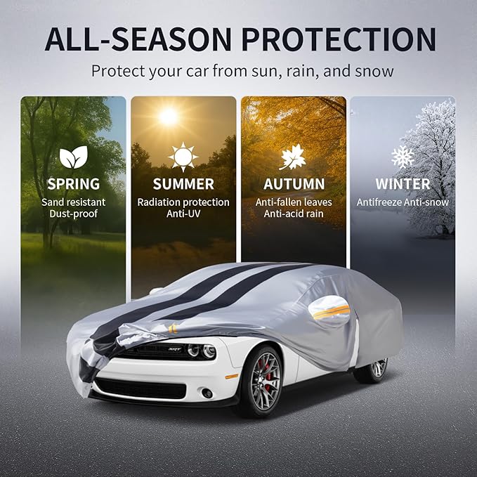 Multi-Layer Car Cover Custom Fit for Dodge Challenger Widebody, 100% Waterproof All Weather for Automobiles, Gift with Towel, Heavy Duty Car Covers for Rain Sun UV Protection with Door Zipper